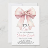 ピンクボウ水カラー赤面ピンクベビーガールシャワー 招待状 (正面)