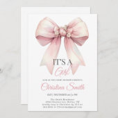 ピンクボウ水カラー赤面ピンクベビーガールシャワー 招待状 (正面/裏面)