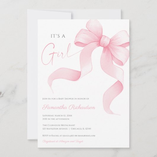 ピンクボウ水彩女の子の赤ちゃんシャワー 招待状 (正面)