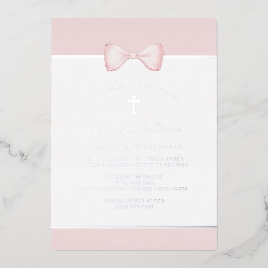 ピンクボウ淡い色のバプテスマ 箔招待状 (正面)