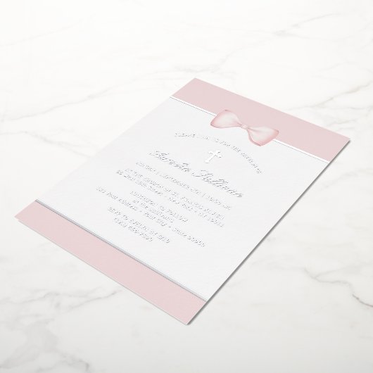 ピンクボウ淡い色のバプテスマ 箔招待状 (回転した状態)