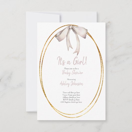 ピンクボウ淡い色のベビーシャワー招待状 招待状 (正面)