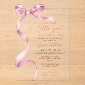 ピンクボウ甘い小さな女の子ベビーシャワー アクリル招待状 (正面)