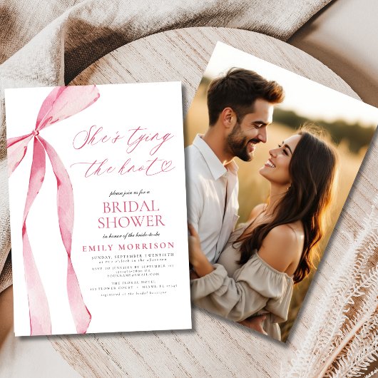 ピンクボウ結び目の写真ブライダルシャワー 招待状