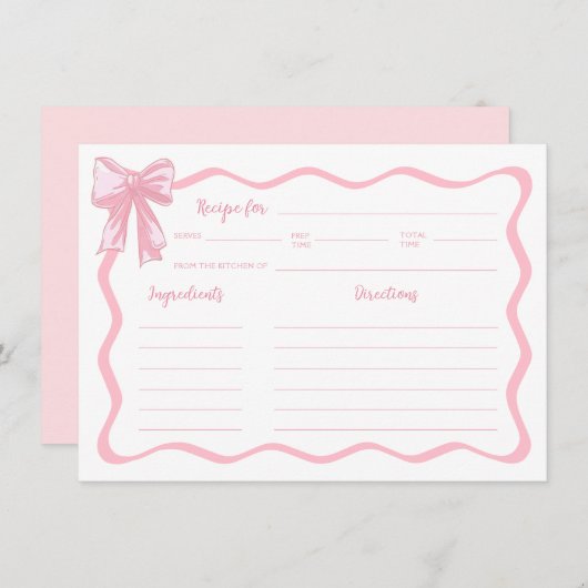 ピンクボウ結び目ブライダルシャワーレシピカード 招待状 (正面/裏面)