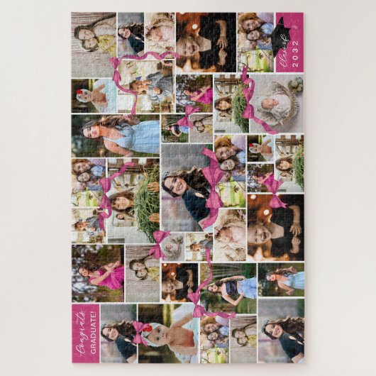 ピンクボウ繰り返し写真コラージュおめでとう卒業生 ジグソーパズル (縦)