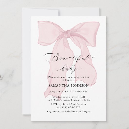 ピンクボウ美しい赤ちゃん女の子の赤ちゃんシャワー 招待状 (正面)