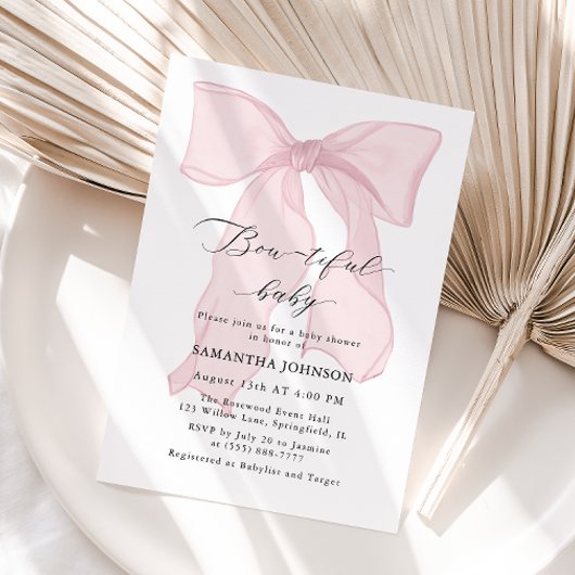 ピンクボウ美しい赤ちゃん女の子の赤ちゃんシャワー 招待状