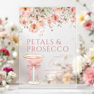 ピンクボウ花びら&プロセッコ赤面ブライダルシャワー アクリル招待状