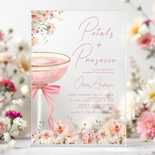 ピンクボウ花びら&プロセッコ赤面ブライダルシャワー アクリル招待状
