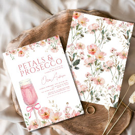 ピンクボウ花びら&プロセッコ赤面ブライダルシャワー 招待状