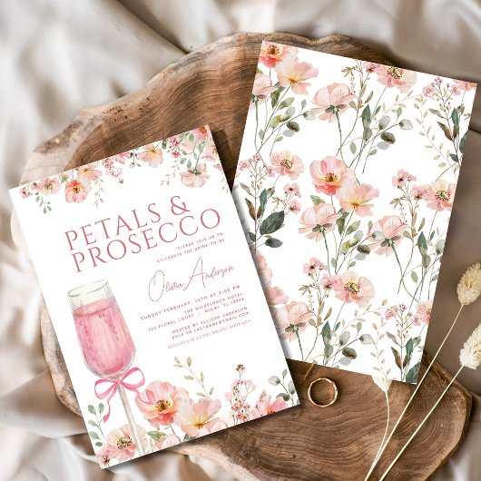 ピンクボウ花びら&プロセッコ赤面ブライダルシャワー 招待状