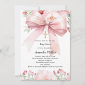 ピンクボウ花模様ガールバプテスマ 招待状 (正面)
