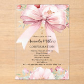 ピンクボウ花模様女の子澄ん確認 アクリル招待状 (正面)