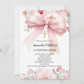 ピンクボウ花模様女の子確認 招待状 (正面)