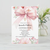 ピンクボウ花模様女の子確認 招待状 (スタンド正面)