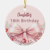 ピンクボウ花模様誕生日 セラミックオーナメント (正面)