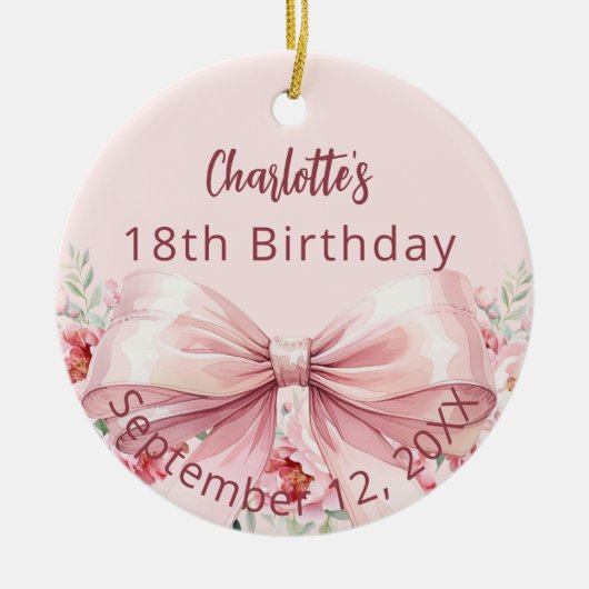 ピンクボウ花模様誕生日 セラミックオーナメント (正面)