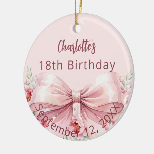 ピンクボウ花模様誕生日 セラミックオーナメント (左)