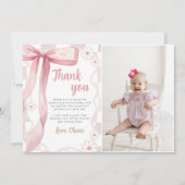 ピンクボウ誕生日ガールフォト サンキューカード (正面)