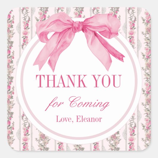 ピンクボウ誕生日パーティーお願い スクエアシール (正面)