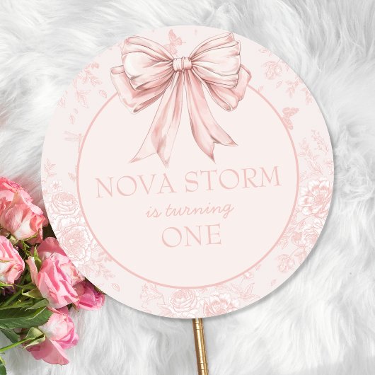 ピンクボウ誕生日パーティーウィムジートワールパーソナライズされた ラウンドシール