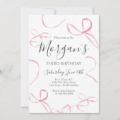 ピンクボウ誕生日招待状名門私立校風の、ガール誕生日 招待状 (正面)