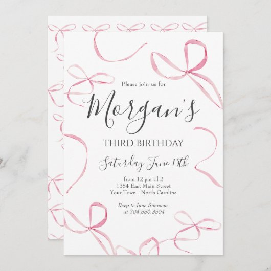 ピンクボウ誕生日招待状名門私立校風の、ガール誕生日 招待状 (正面/裏面)