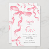 ピンクボウ誕生日招待状 招待状 (正面/裏面)