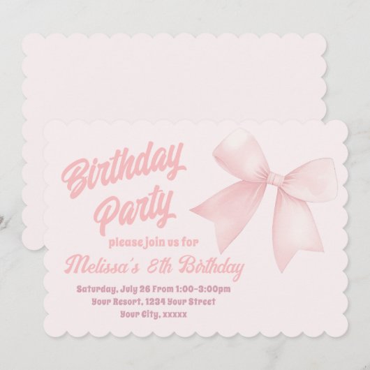 ピンクボウ誕生日 招待状 (正面/裏面)