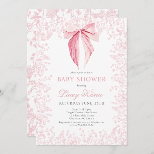 ピンクボウ赤ちゃんシャワーの招待状 招待状 (正面/裏面)