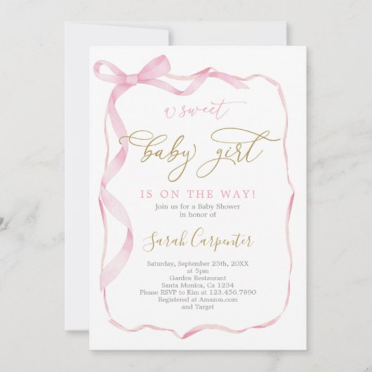 ピンクボウ赤ちゃんシャワーガール 招待状 (正面)