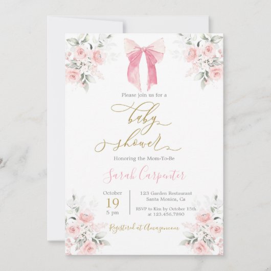 ピンクボウ赤ちゃんシャワーガール 招待状 (正面)