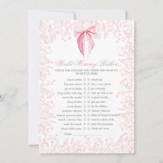 ピンクボウ赤ちゃんシャワーゲーム 招待状 (正面)