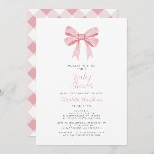 ピンクボウ赤ちゃんシャワーコケットガールジンガエレガントム 招待状 (正面/裏面)