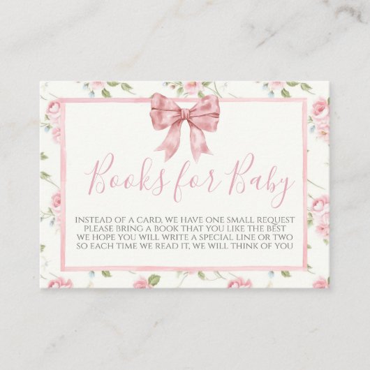 ピンクボウ赤ちゃんシャワーブックリクエストカード エンクロージャーカード (正面)