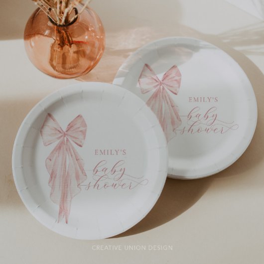 ピンクボウ赤ちゃんシャワーミニマリストウォータカラーリボン ペーパープレート