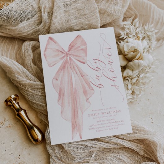 ピンクボウ赤ちゃんシャワーミニマリストウォータカラーリボン 招待状