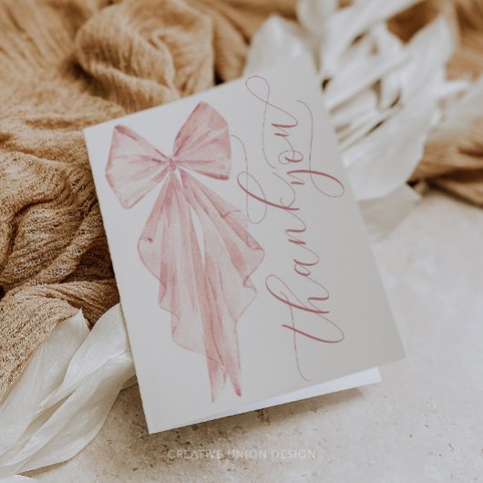 ピンクボウ赤ちゃんシャワーミニマリストリボン サンキューカード