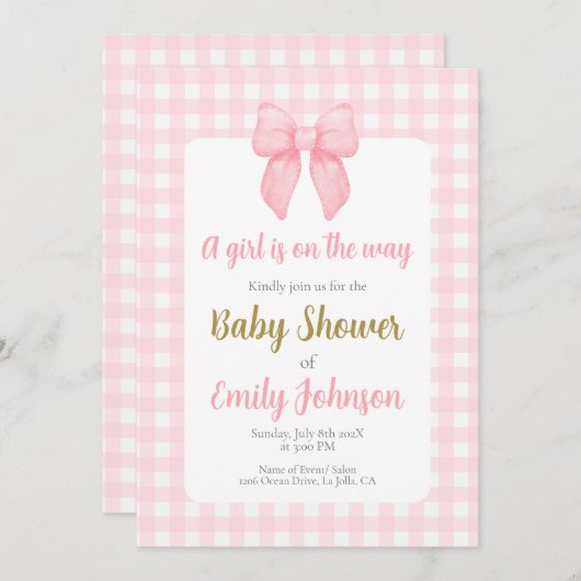 ピンクボウ赤ちゃんシャワー女の子の招待 招待状 (正面/裏面)