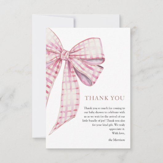 ピンクボウ赤ちゃんシャワー女の子の水色 サンキューカード (正面)
