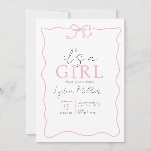 ピンクボウ赤ちゃんシャワー招待状、女の子ベビーシャワー 招待状 (正面)