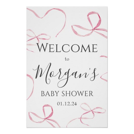 ピンクボウ赤ちゃんシャワー歓迎サイン、ボウフォームのボード ポスター (正面)