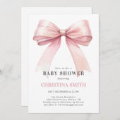 ピンクボウ赤ちゃんシャワー水色ベビーガールシャワー 招待状 (正面/裏面)