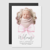 ピンクボウ赤ちゃん女の子の写真の誕生のお知らせ (正面/裏面)