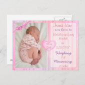 ピンクボウ赤ちゃん女の子の誕生発表はがき 案内ポストカード (正面/裏面)