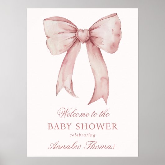ピンクボウ赤ちゃん女の子シャワー歓迎サイン ポスター (正面)