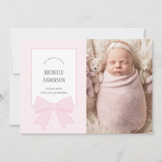 ピンクボウ赤ちゃん女の子2写真誕生のお知らせ 案内状 (正面)