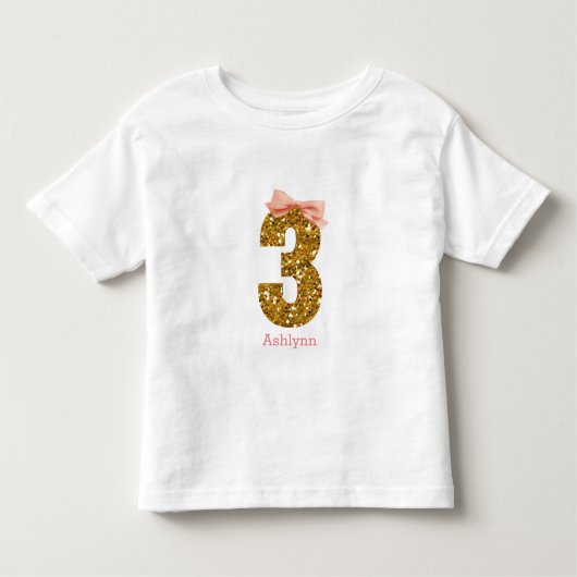 ピンクボウ金ゴールドグリッター3歳の誕生日 トドラーTシャツ (正面)