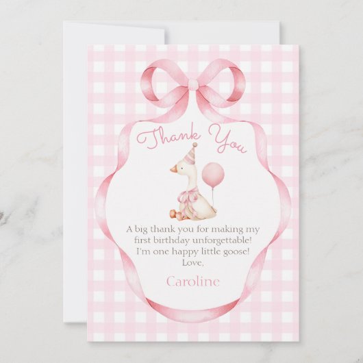 ピンクボウ間抜けグース1歳の誕生日サンキューカード サンキューカード (正面)